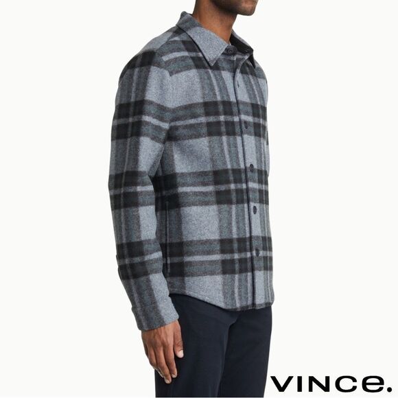 Vince **NWT** Heavy Knit Brushed Flannel Plaid Shirt Jacket in Heather Blue Grey - Picture 4 of 16